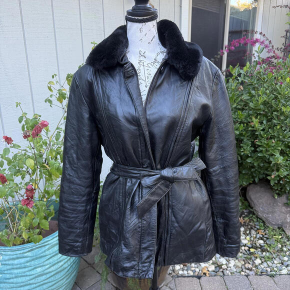 Vintage 90s Black Leather Fur Collar Jones NY Jacket Waist Tie Biker Western M